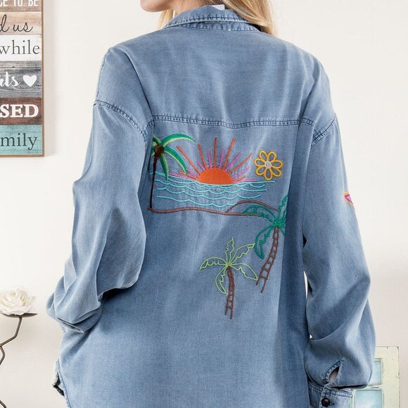 Groovy 70's Vibe Embroidered Button Down Tencel Shirt by BlueVelvet - Picture 5 of 7